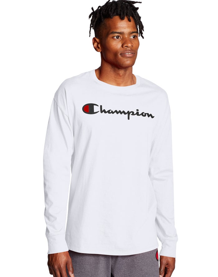 Champion Classic Long-Sleeve Script Logo - Miesten Valkoinen T-Paita - Suomi 6391087-PE